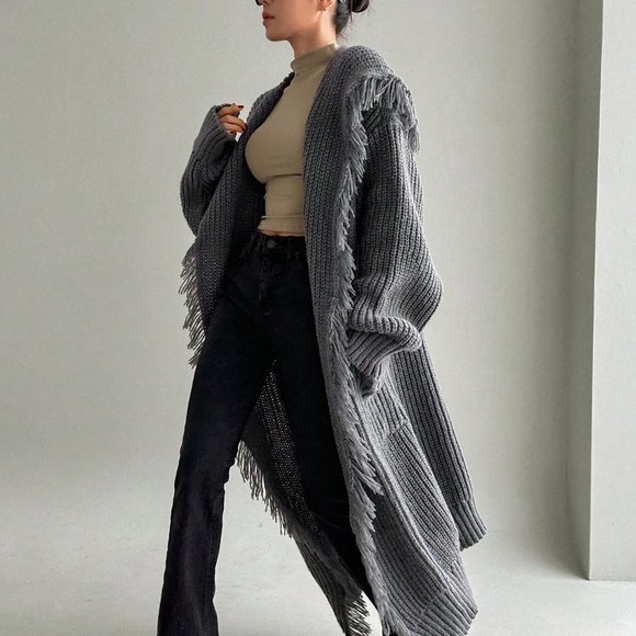 . Sweaters - Grey Preppy Dazy Star Solid Color Long Cardigan With Large Lapel And Fringed Hem